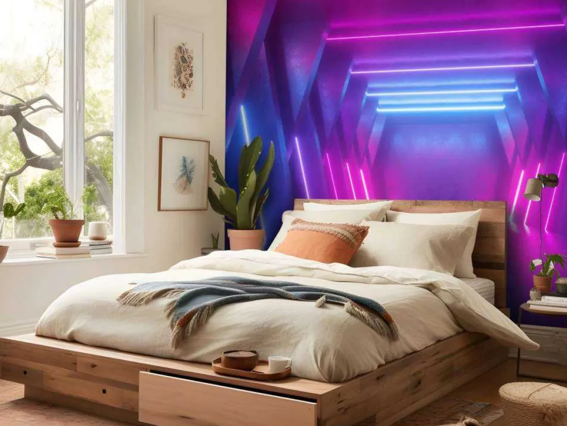 neon_verlichte_ruimte_met_1.webp Sale Neon verlichte ruimte met balken fotobehang Computerkamer | 3d