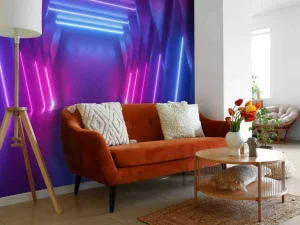 Sale Neon verlichte ruimte met balken fotobehang Computerkamer | 3d