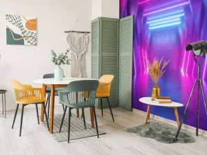 Sale Neon verlichte ruimte met balken fotobehang Computerkamer | 3d