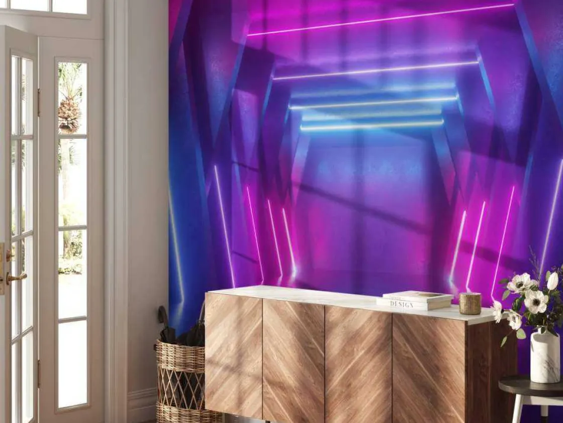 neon_verlichte_ruimte_met_4.webp Sale Neon verlichte ruimte met balken fotobehang Computerkamer | 3d