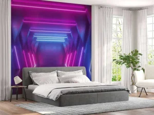 Sale Neon verlichte ruimte met balken fotobehang Computerkamer | 3d