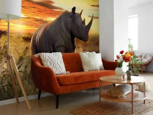 Discount Neushoorn bij zonsondergang fotobehang Tienerkamer | Dieren