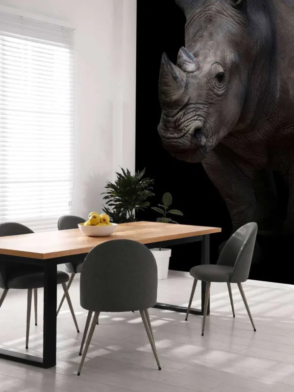 Online Neushoorn met een zwarte achtergrond fotobehang Hobbykamer | Dieren