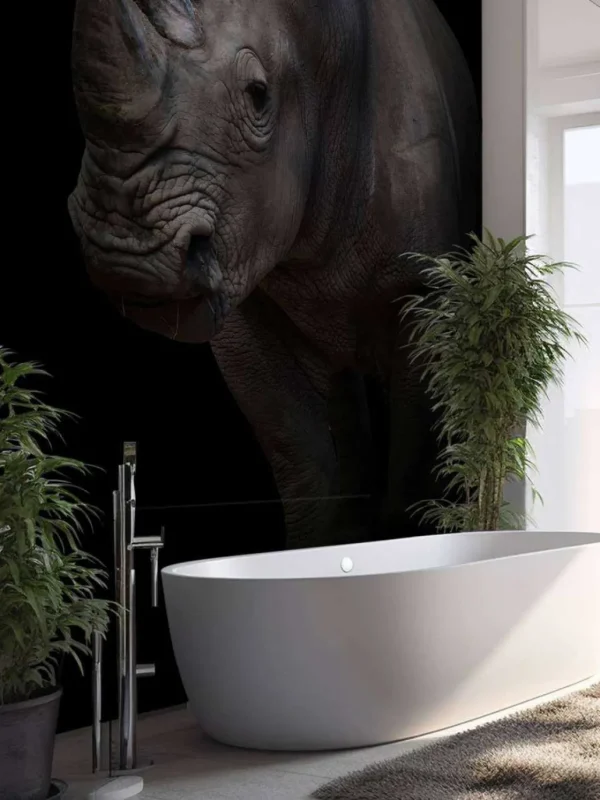 Online Neushoorn met een zwarte achtergrond fotobehang Hobbykamer | Dieren