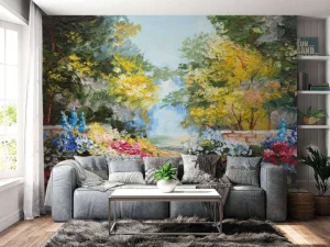 Fashion Olieverfschilderij van een parkje met bloemen fotobehang Kunst & Design | Bloemen