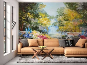 Fashion Olieverfschilderij van een parkje met bloemen fotobehang Kunst & Design | Bloemen