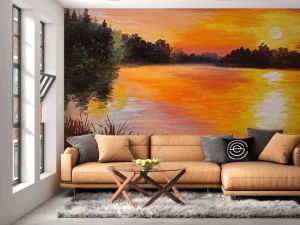 Online Olieverfschilderij van een meer fotobehang Kunst & Design