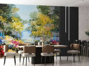 Fashion Olieverfschilderij van een parkje met bloemen fotobehang Kunst & Design | Bloemen
