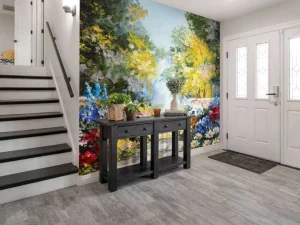 Fashion Olieverfschilderij van een parkje met bloemen fotobehang Kunst & Design | Bloemen