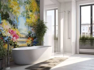 Fashion Olieverfschilderij van een parkje met bloemen fotobehang Kunst & Design | Bloemen