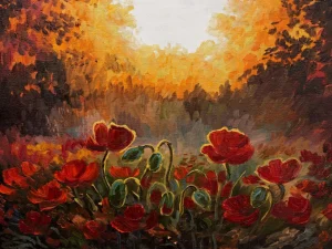 Clearance Olieverfschilderij van klaprozen bij zonsondergang fotobehang Kunst & Design | Bloemen