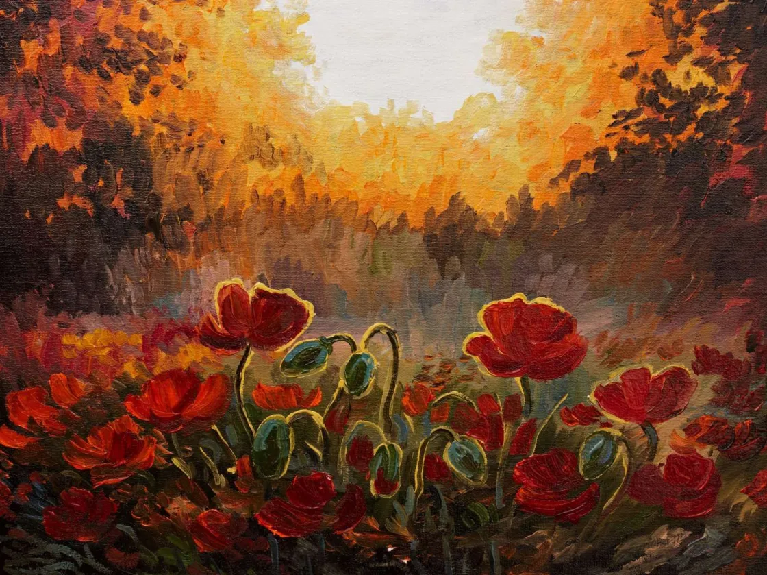 olieverfschilderij_van_kl_0.webp Clearance Olieverfschilderij van klaprozen bij zonsondergang fotobehang Kunst & Design | Bloemen