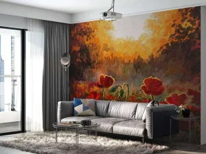Clearance Olieverfschilderij van klaprozen bij zonsondergang fotobehang Kunst & Design | Bloemen