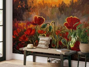 Clearance Olieverfschilderij van klaprozen bij zonsondergang fotobehang Kunst & Design | Bloemen
