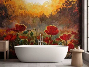 Clearance Olieverfschilderij van klaprozen bij zonsondergang fotobehang Kunst & Design | Bloemen