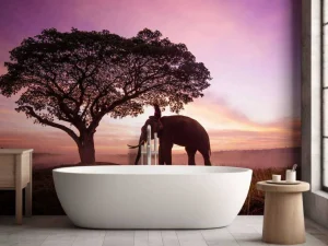 Best Olifant bij een unieke zonsondergang fotobehang Bloemen