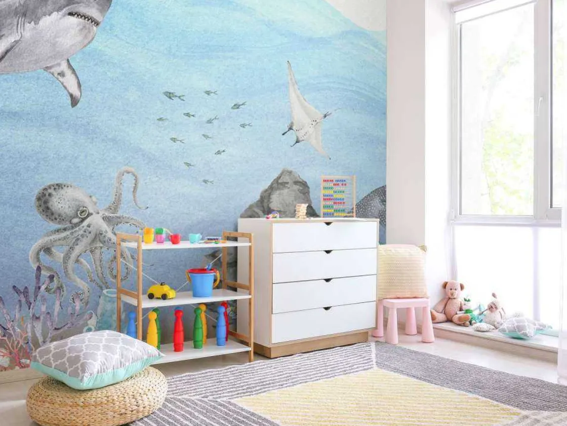 onderwaterwereld_met_haai_6.webp Hot Onderwaterwereld met haaien Kinderkamer | Dieren