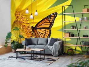 Fashion Oranje Vlinder op Zonnebloem fotobehang Dieren | Bloemen