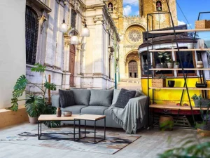 New Oude gele tram in Lissabon fotobehang Transport | Architectuur