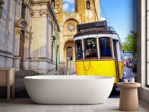 New Oude gele tram in Lissabon fotobehang Transport | Architectuur