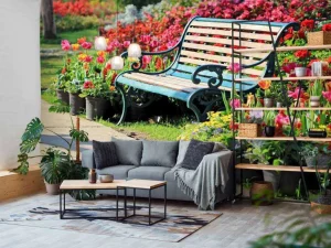 Online Park met kleurrijke tulpen fotobehang Architectuur