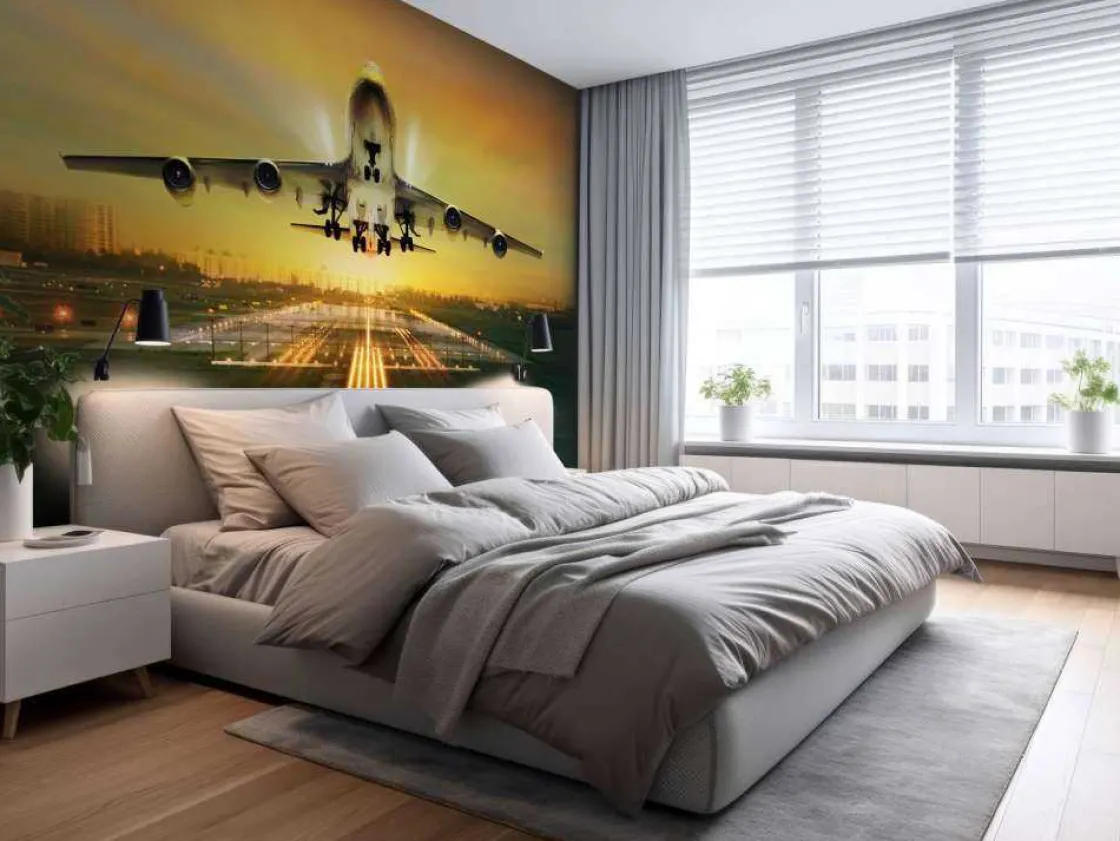 passagiersvliegtuig_stijg_1.webp Discount Passagiersvliegtuig stijgt op bij zonsondergang fotobehang Tienerkamer | Transport