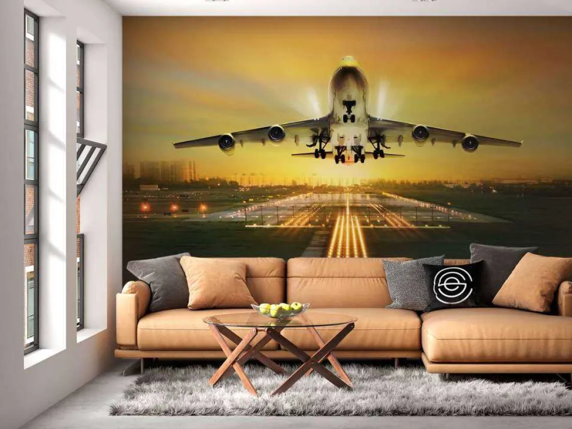 passagiersvliegtuig_stijg_10.webp Discount Passagiersvliegtuig stijgt op bij zonsondergang fotobehang Tienerkamer | Transport