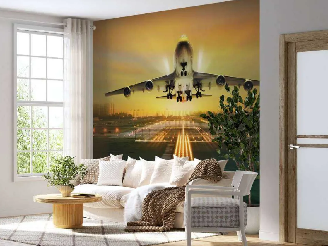 passagiersvliegtuig_stijg_2.webp Discount Passagiersvliegtuig stijgt op bij zonsondergang fotobehang Tienerkamer | Transport