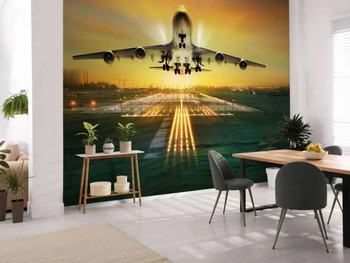 passagiersvliegtuig_stijg_3.webp Discount Passagiersvliegtuig stijgt op bij zonsondergang fotobehang Tienerkamer | Transport