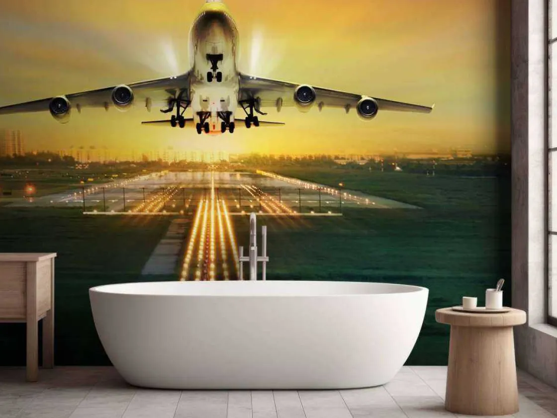 passagiersvliegtuig_stijg_8.webp Discount Passagiersvliegtuig stijgt op bij zonsondergang fotobehang Tienerkamer | Transport