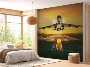 Discount Passagiersvliegtuig stijgt op bij zonsondergang fotobehang Tienerkamer | Transport