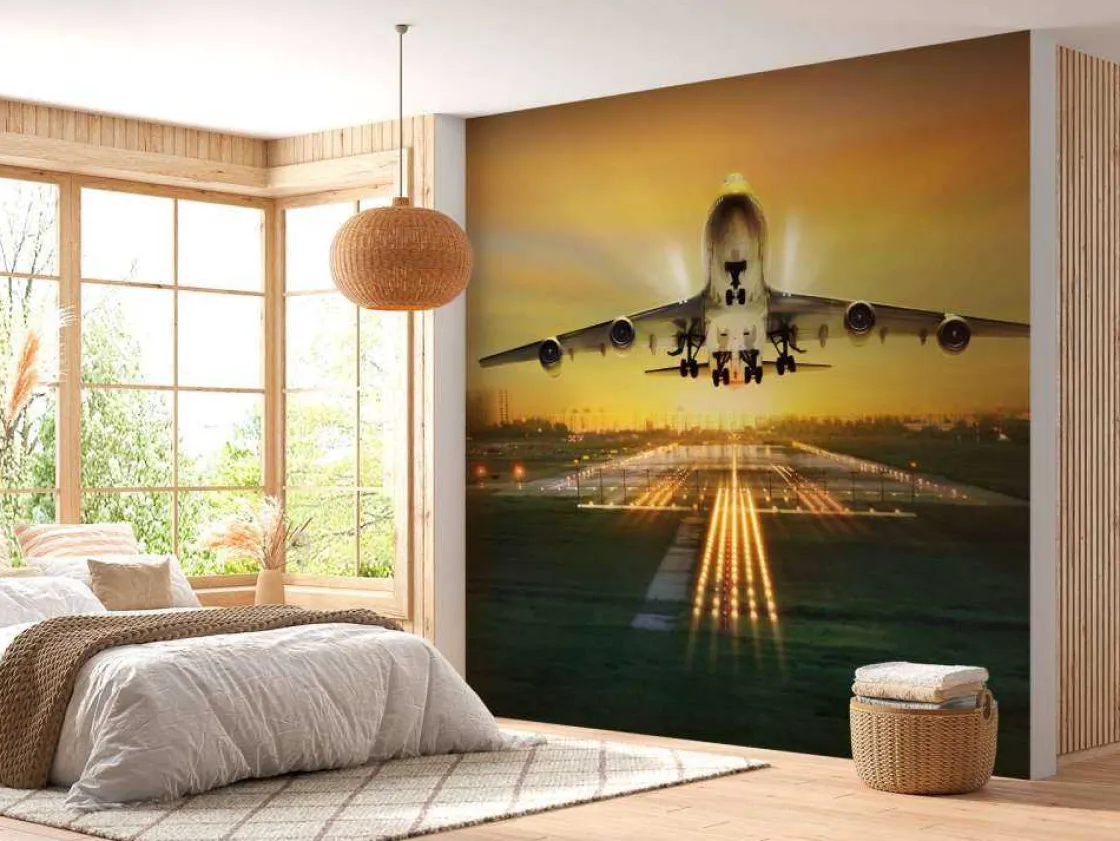 passagiersvliegtuig_stijg_9.webp Discount Passagiersvliegtuig stijgt op bij zonsondergang fotobehang Tienerkamer | Transport