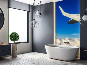 Outlet Prachtige wolken vanuit een vliegtuigraam fotobehang Transport