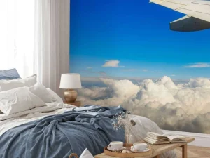 Outlet Prachtige wolken vanuit een vliegtuigraam fotobehang Transport