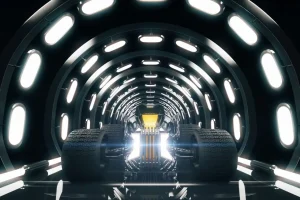 Hot Race auto in een verlichte tunnel fotobehang Transport | 3d