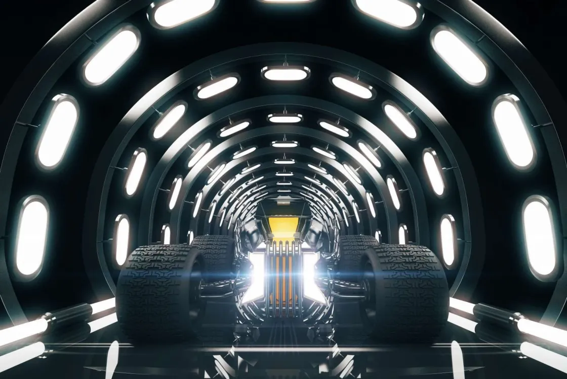 race_auto_in_een_verlicht_0.webp Hot Race auto in een verlichte tunnel fotobehang Transport | 3d