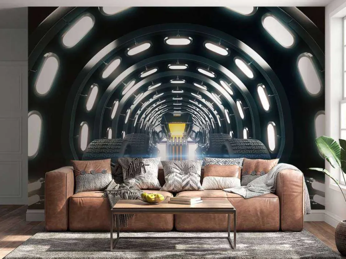 race_auto_in_een_verlicht_10.webp Hot Race auto in een verlichte tunnel fotobehang Transport | 3d