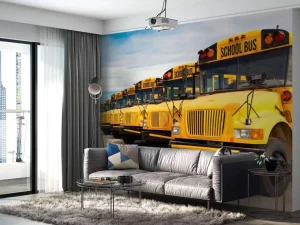Sale Rij met gele schoolbussen fotobehang Kinderkamer | Transport