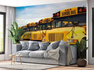 Sale Rij met gele schoolbussen fotobehang Kinderkamer | Transport