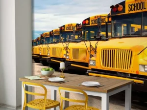 Sale Rij met gele schoolbussen fotobehang Kinderkamer | Transport