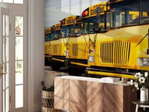 Sale Rij met gele schoolbussen fotobehang Kinderkamer | Transport