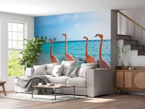 Best Rij van flamingo's op het strand fotobehang Tienerkamer | Dieren
