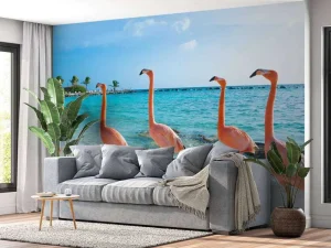 Best Rij van flamingo's op het strand fotobehang Tienerkamer | Dieren