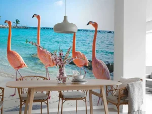 Best Rij van flamingo's op het strand fotobehang Tienerkamer | Dieren