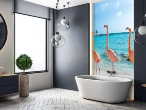 Best Rij van flamingo's op het strand fotobehang Tienerkamer | Dieren