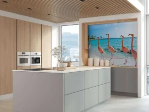 Best Rij van flamingo's op het strand fotobehang Tienerkamer | Dieren