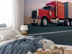 Outlet Rode Amerikaanse vrachtwagen bij zonsondergang fotobehang Tienerkamer | Kinderkamer