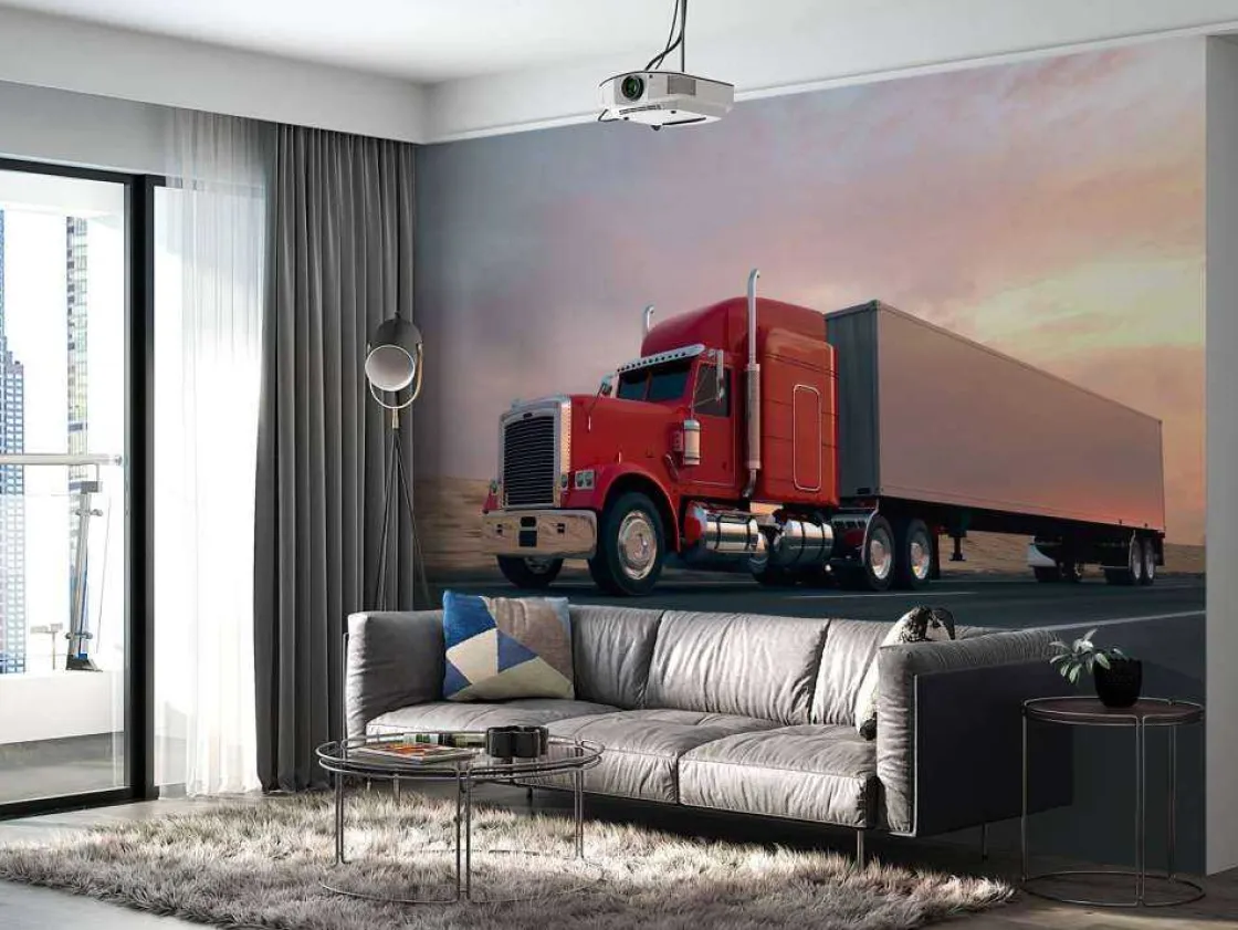 rode_amerikaanse_vrachtwa_10.webp Outlet Rode Amerikaanse vrachtwagen bij zonsondergang fotobehang Tienerkamer | Kinderkamer