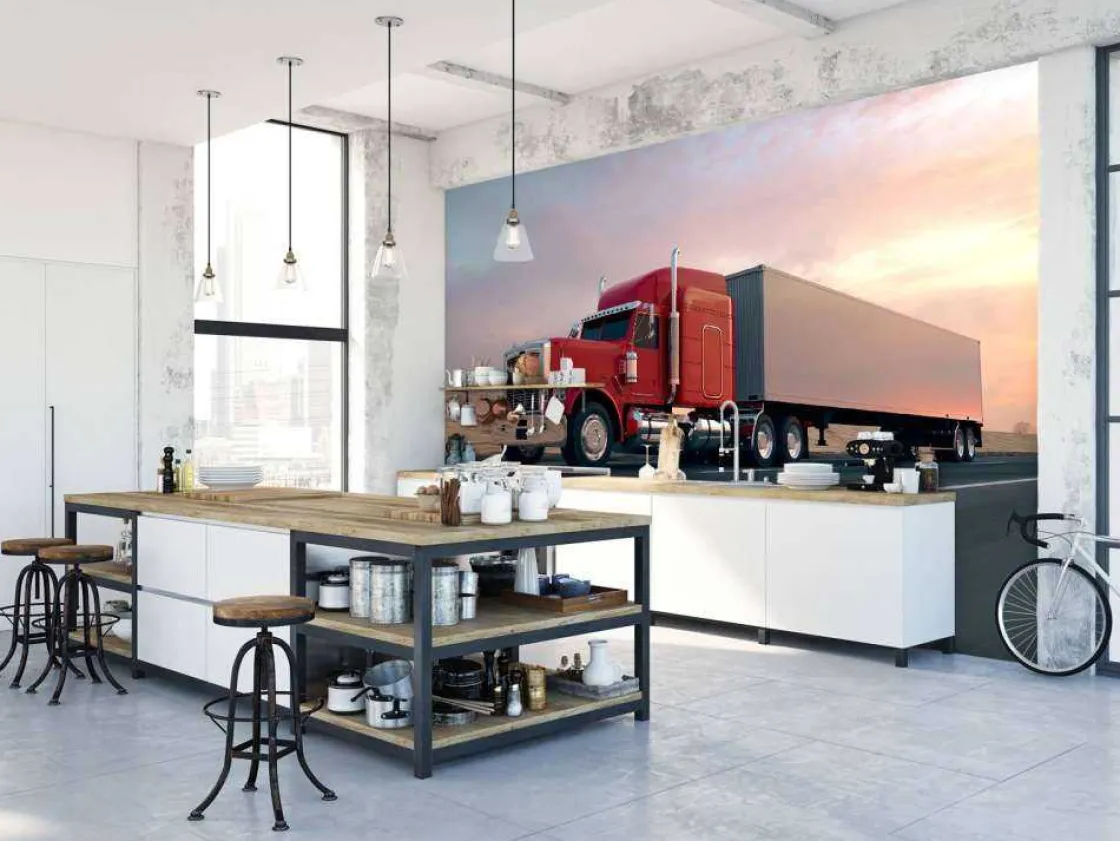 rode_amerikaanse_vrachtwa_7.webp Outlet Rode Amerikaanse vrachtwagen bij zonsondergang fotobehang Tienerkamer | Kinderkamer