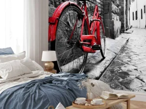 New Rode fiets in een zwart-witte straat fotobehang Transport | Architectuur